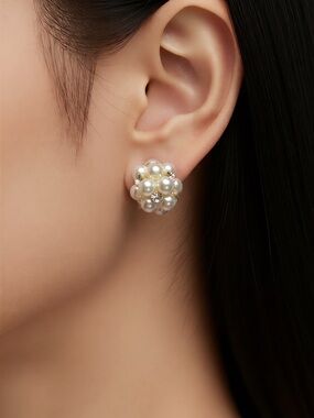 Pearl Cluster Stud Earrings - Ivory Pearl and Silver Accents